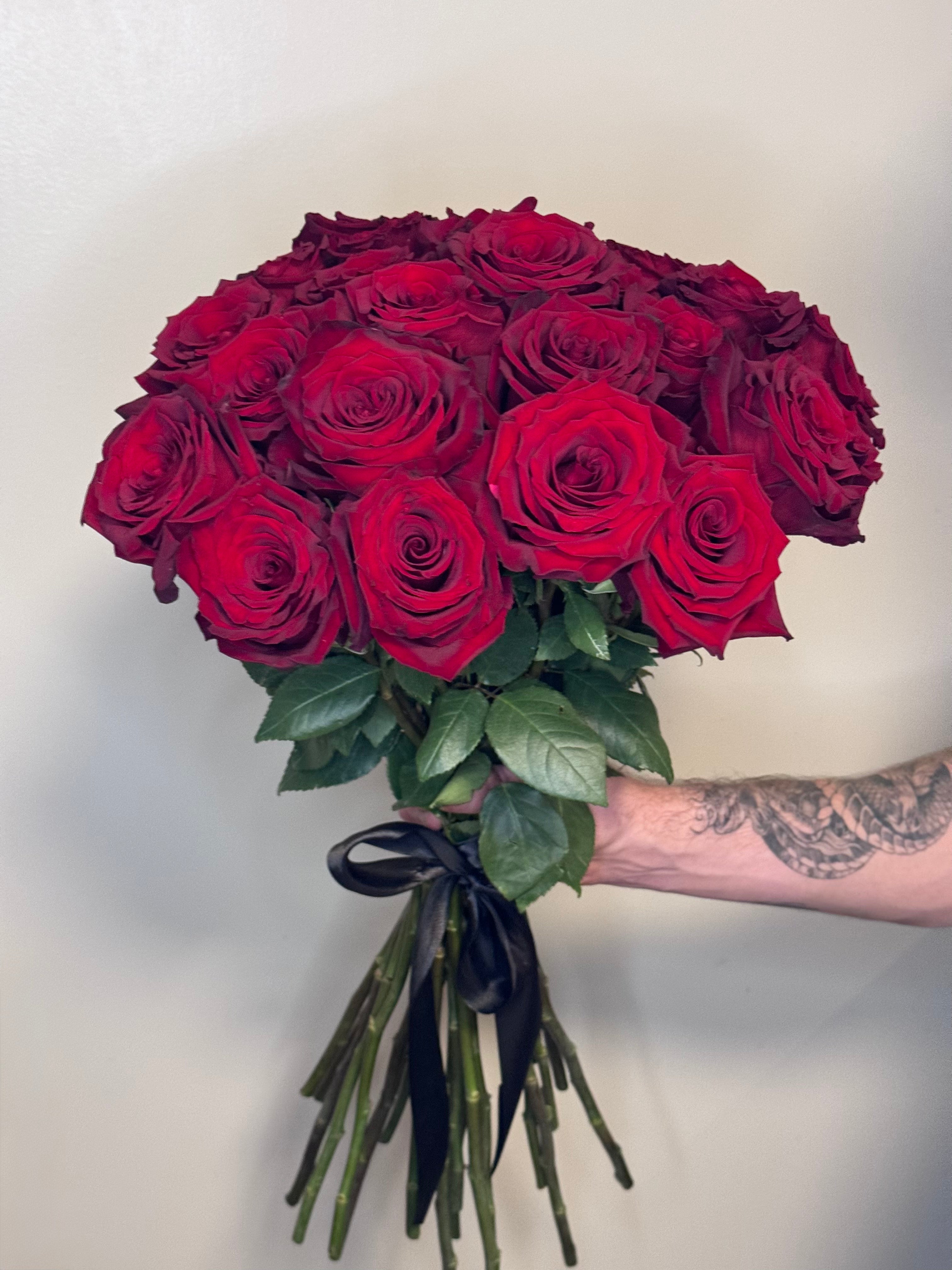 25 Red Roses with a black bow